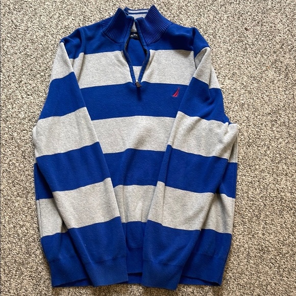 Men's Nautical Blue and Gray Striped Sweater - Picture 1 of 2
